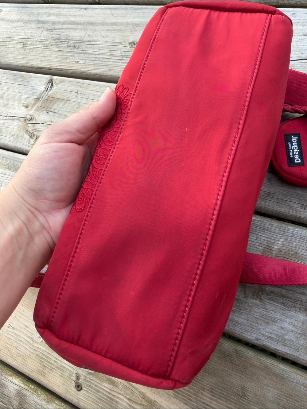 Desigual Red Embroidered Nylon Tote Bag Crossbody Purse Convertible - Picture 15 of 16